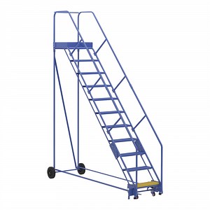 Vestil 11-Step Steel Rolling Warehouse Ladder with 23 9/16" Wide Perforated 50-Degree Angled Steps and 21" Deep Top Step LAD-11-21-P-EZ