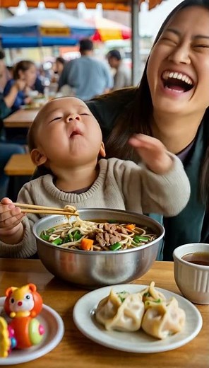 Baby eats noodles with mom's help.