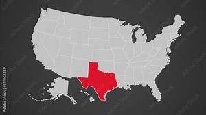 Texas state red blinking on USA map motion graphics animation