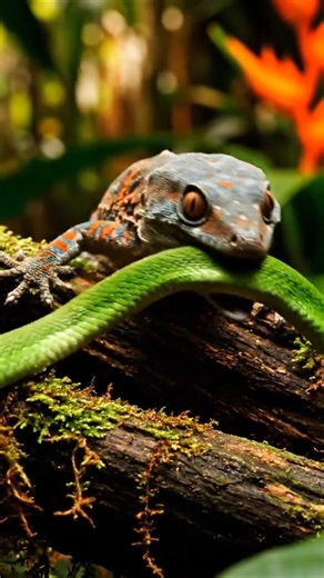 Amazing Tokay gecko huntting Green snake#gecko