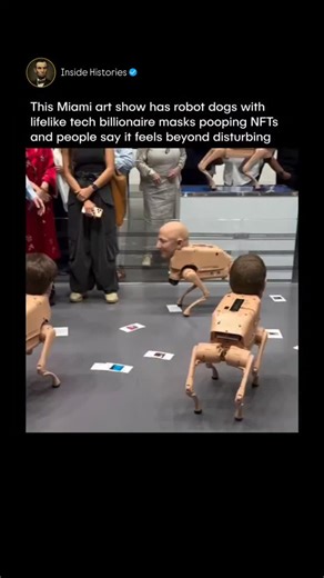 Inside Histories on Instagram: "Beeple's new Miami installation shows robot dogs wearing realistic masks of tech billionaires like Elon Musk, Mark Zuckerberg, and Jeff Bezos. They walk around the space, take photos of the crowd, and then drop printed images that link to NFTs. Many visitors say the mix of human faces, robotic bodies, and the way the prints come out feels beyond disturbing. The work is called "Regular Animals" and it comments on how tech leaders and their systems shape what people