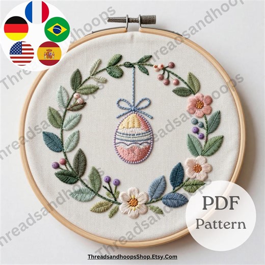 Easter Egg Wreath Hand Embroidery Pattern | Beginner Digital Pattern PDF | Includes Multi Language Stitch Guide - Etsy