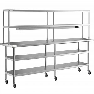 Regency 24" x 96" Expeditor Table with Double Overshelf, Strip Warmer, and 2 Undershelves