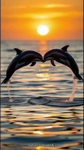 Zwei Delfine 🐬 Herzsprung im Abendmeer bei Sonnenuntergang