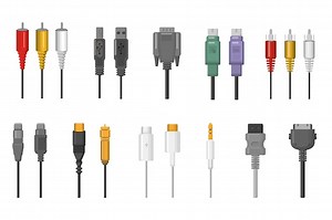 Free Vector | Cables and plug connectors set. Wire connections for ethernet, hdmi, vga, usb, video, audio ports