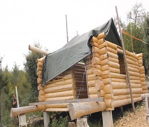 The walls of the off-grid log cabin were built by me using hand tools and I also constructed the porch columns, Matt Jacobs. | Alone with nature