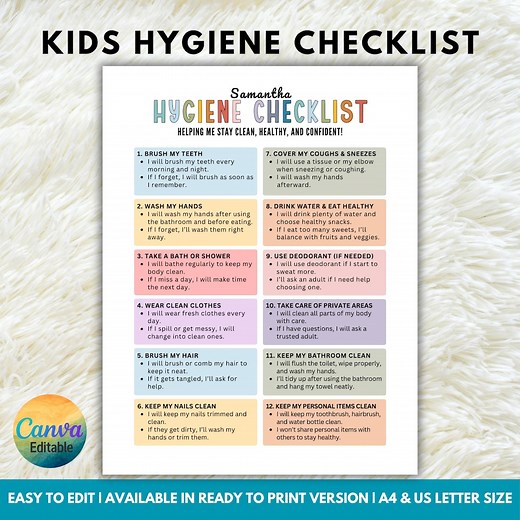 Kids Hygiene Checklist, Hygiene Chart for Kids, Kids Personal Care Chart, Daily Hygiene Routine Poster, Hygiene Reminders, Hygiene List - Etsy