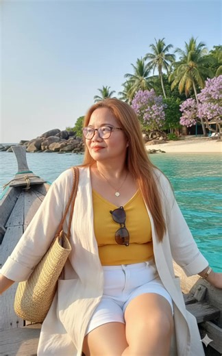 A chubby woman, Creating a hyperreality photo (Hyper realistic) using 100% attached original face frame. She has long straight, caramel brown hair, long, loosened, soft, shiny hairstyle, thin hair lines covering the face. Her lips are nude orange. She wears a single stringed shirt. Yellow, a loose cream coat. Wears a white denim short leg. Adds a soft atmosphere. Is a soft portrate and dreams. Slung a big weave bag. Has tucked sunglasses on the neckline. Pull up the sleeves a little. She sits on