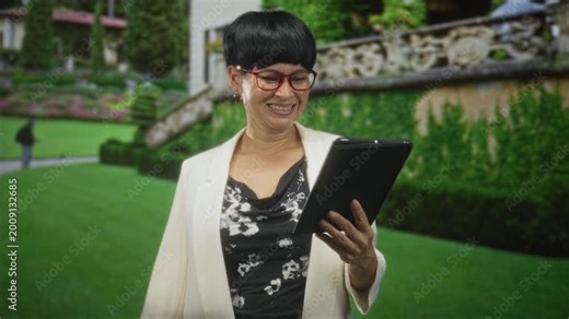 Young chinese woman wearing glasses holding a tablet and making a left fist pump while smiling in front of a building courtyard; joy success.