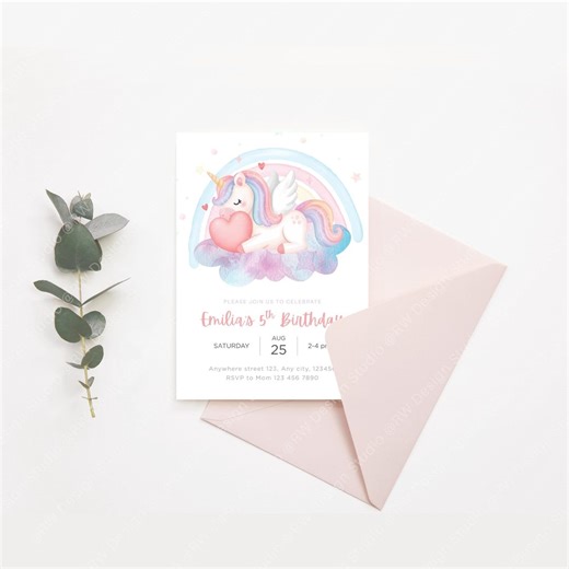 Unicorn Birthday Invitation Template | Editable Girl Party Invite | Pastel Rainbow Unicorn | Printable 5x7 Canva Template - Etsy