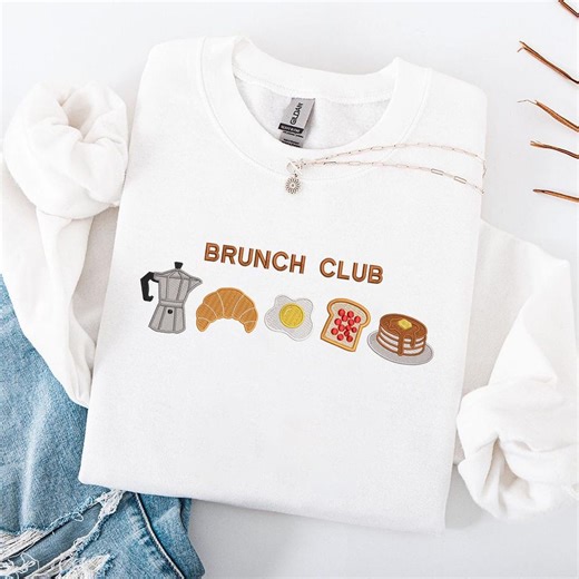 Embroidered Breakfast Food Icon T-shirt, Brunch Club Text Sweatshirt, Morning Coffee Pastry Hoodie, Retro Foodie Weekend Apparel - Etsy