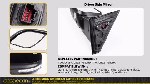 Dasbecan Left Driver Side Door Mirror Compatible with Ford Explorer 2011-2019 Power Adjusted Glass Heated with Turn Signal Light Puddle Lamp Blind Spot Glass Replaces FO1320554 Black 7Pins