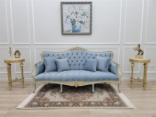 Sky Blue Tufted French Provincial Sofa | Hand-painted Floral Trim, Louis XV Style Couch - Etsy