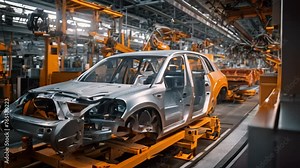 Witness the systematic assembly of a car as it goes through the production line at a manufacturing facility, Robotic assembly line in an automotive factory, AI Generated