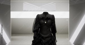 3D Fashion Show. The Virtual Invisible Female Model Walks Down the Runway. A Trendy Fashionable Wednesday Dress. Meeting in Virtual Space, Meta Show, Artificial World. Concept of Gamification and