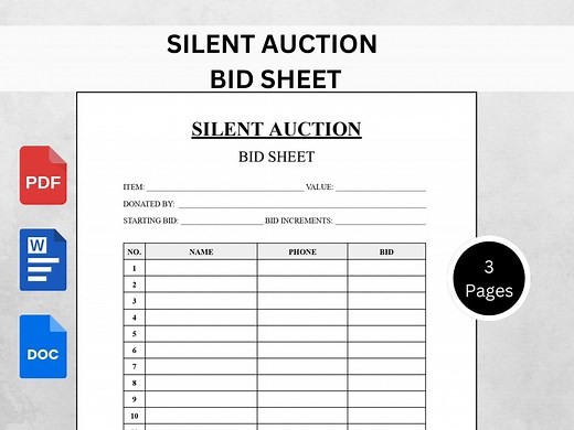 Printable Silent Auction Bid Sheet Template | Fundraiser Bidding Form | Editable PDF & DOCX - Etsy