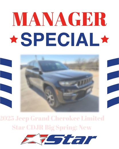 💪 Check out the 2025 Jeep Grand Cherokee Limited at Star CDJR of Big Spring. This SUV delivers refined comfort, premium technology, and the capability the Grand Cherokee name is known for, 🚀 making it perfect for city driving, road trips, or weekend adventures. Claim this manager special while it’s still here. 👉 https://bit.ly/49VRkVP #StarDifference #StarAutoGroup #BigSpringTX #GrandCherokee #JeepLife | Star Chrysler Dodge Jeep Ram of Big Spring