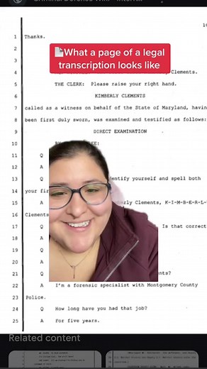 🎺Getting down to the nitty-gritty! This is what a legal transcript page actually looks like! I'm sure pretty much everyone has seen or read one before. They all look the same with some minor tweaks based on jurisdiction. Can anyone name some famous transcripts? Even worse, can you name a legal transcript that is infamous for having TYPOS in it? Eeek. But here are the main components: 💰1. Page line numbers and page character count per line (to find out how much you'll make from typing this page
