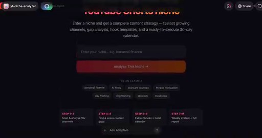 this adaptive ai bot reverse engineers the fastest growing yt shorts channels in any niche and hands you the exact strategy they're usinghere's how faceless channels are scaling to 1M+ views/month with this:-> scans YouTube for the fastest growing channels in your niche right now-> filters by view velocity, upload frequency, and subscriber growth rate-> identifies the exact video formats, hooks, and topics driving the most views-> maps out content gaps your competitors haven't touched yet-> scor