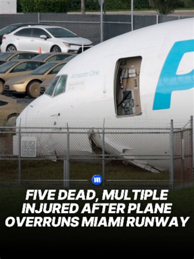 At least five people were killed when a Boeing plane flying for Amazon crashed in Miami after overshooting the the runway and ending up on a busy roadway. Images from the scene shared by NBC Miami show the plane, with Amazon branding, precariously close to a building. Smoke can be seen billowing from the aircraft. The cargo plane was landing at Miami International Airport from San Juan, Puerto Rico when it overran the runway on Sunday at around 2pm and 'struck multiple vehicles' on Northwest 42n