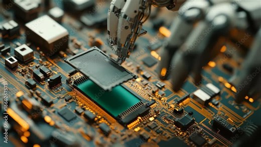 Robot assists in replacing microchip with advanced AI neural network in a technology lab, Robot replacing cpu micro chip with AI neural network based on computer circuitboard