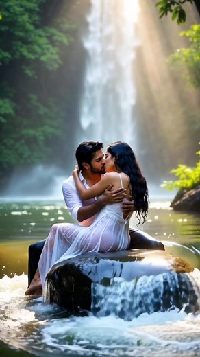 🌊 Hidden jungle waterfall… golden sunlight piercing through mist… She’s in a completely soaked white saree clinging like second skin… He grabs her waist, pulls her onto the rock in the middle of rushing water… 15 second of the most intense eye-lock, trembling lips, goosebumps, and teasing lip brushes you’ll ever see… Then finally the slowest, deepest, most soul-shaking kiss that never ends 💋 🔥 15 second continuous one-shot | Zero cuts 👗 Transparent wet white saree | Water droplets everywhere