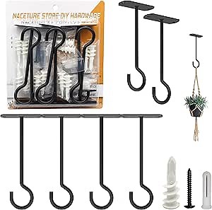NACETURE Ceiling Hooks Heavy Duty 2 Pack - Plant Hooks for Ceiling Hanging Hook for Hanging Basket Hook, Light, Bird Feeders, Wind Chimes Décor Indoor & Outdoor (Black, 5 Inch 6 Pack)