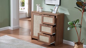 ARKANTOS Sideboards and Buffets, Boho Storage Cabinets with Rattan Doors and Drawers, Walnut