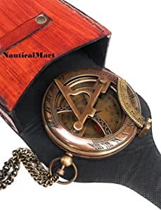 Brass Sundial Compass with Leather Case and Chain - Push Open Compass - Steampunk Accessory - Antiquated Finish - Beautiful Handmade Gift - Sundial Clock - Pocket Compass Gift