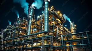 Industrial Plant at Night, factory, refinery, steel, pipes, towers