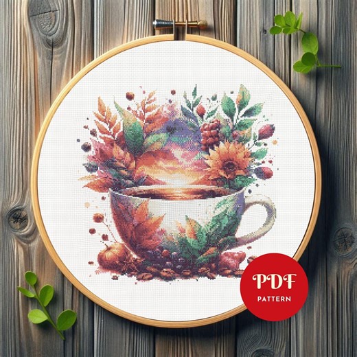 Autumn Coffee Cross Stitch Pattern, Fall Floral Mug Embroidery Design, Cozy Seasonal Needlepoint Chart, Easy Cross Stitch PDF Pattern,diy - Etsy