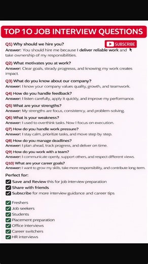 Top 10 Job Interview Questions with Best Answers | Interview Preparation Guide 2026 #short #yt