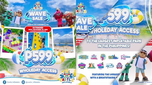 🏖️ CASTLE INFLATABLE WAVE SALE! 💦 Your splash-filled getaway is here! For only ₱599, dive into the biggest inflatable park in the Philippines — complete with epic Taal Lake views and a 450-ft infinity pool that’ll take your breath away! 🌊✨ 📅 Promo Period: August 22 to November 15, 2025 🎟️ Valid for visits: September 1 to November 30, 2025 📌 Book online only — walk-ins not valid. 🎟️ Inclusions: ✅ Whole-day access to Castle Inflatable ✅ Unlimited swim at the country’s longest infinity pool 