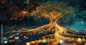 Glowing data lines form roots and branches of ancient tree, illustrating data mining growth and reach. Data mining visualization Stock Video