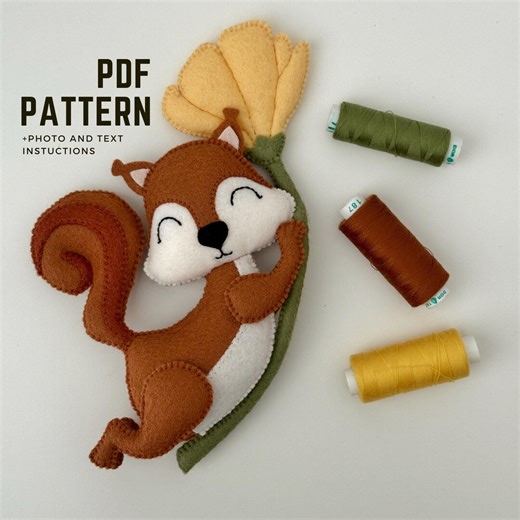 Felt Squirrel Sewing Pattern PDF – DIY Plush Animal Holding Flower, Baby Room Decor - Etsy