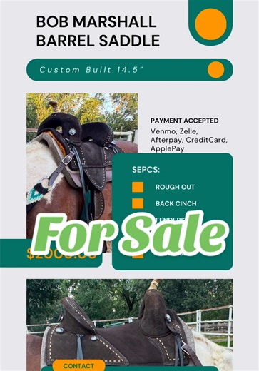 DM me - Custom Bob Marshall Barrel Saddle – For Sale • 14.5” seat • Rough out • Rough out fenders • Custom barrel saddle • Well cared for, great condition 💲 Paid $2,800 #barrelsaddlesforsale #forsale #saddle #barrelsaddle #treelesssaddle