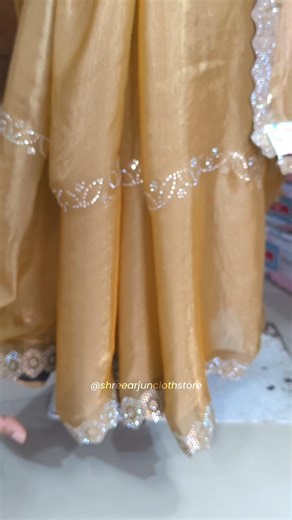 Beautiful Golden satin silk saree with silver shining stone work glam festive look ✨
