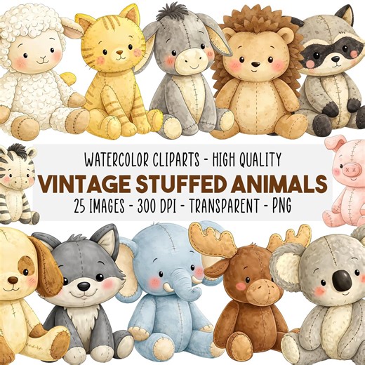 25 Vintage Stuffed Animals Clipart, Cute Plush Zoo Animals, Handcrafted Doll, Pastel Nursery Art, Kids Toy PNG Set, Instant Download - Etsy