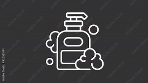Shampoo white line animation. Liquid soap animated icon. Moving foam, pressing. Spray bottle, dermatology. Isolated illustration on dark background. Transition alpha video. Motion graphic