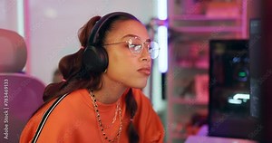 Girl, producer and computer with headphones in home for sound or mixing music, beats and listening. Female dj or artist with technology for record or playlist, musician and online entertainment.