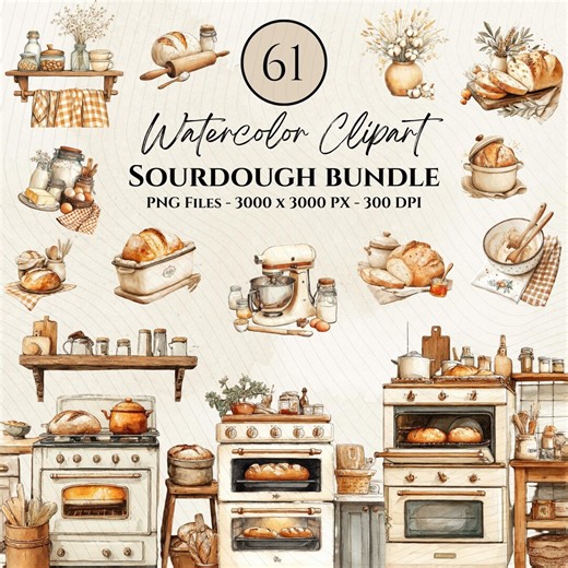 Rustic Sourdough Clipart Set-artisan Bread-baking Tools-mixers & Bowls-cottagecore-baking Graphic-vintage Farmhouse Clipart-watercolor PNG - Etsy