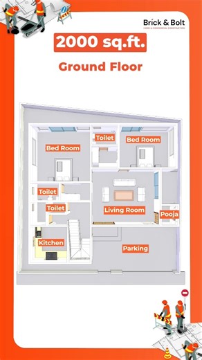 Brick & Bolt on Instagram: "House Design: 2 BHK Building Plan | 2000 sq ft home plans (1 floor house) | 3D Elevatio Explore a thoughtfully designed 2 BHK building plan built on a spacious 2000 sq ft plot. This single-floor house design blends comfort, functionality, and modern aesthetics—perfect for families seeking an efficient layout with ample open space. The floor plan includes a generous living area, two well-ventilated bedrooms, a dining zone, a modular kitchen, and well-placed washrooms t