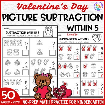 Valentine Picture Subtraction Within 5 Worksheets No-Prep Subtract with Pictures