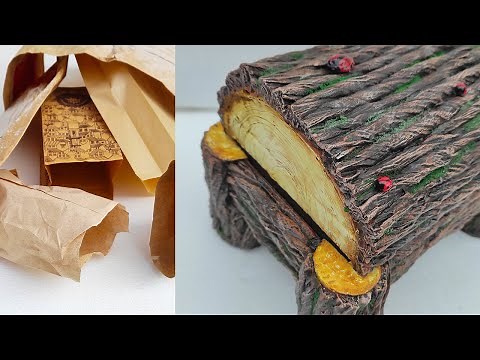 Incredible idea using cardboard and paper. Tree bark imitation box. DIY Crafts ideas
