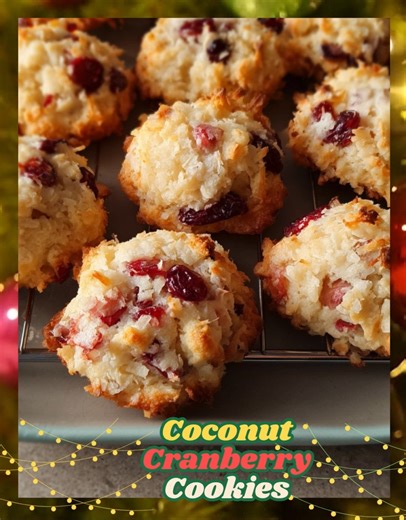 Coconut Cranberry Cookies Ingredients: 1 can (14 ounces) sweetened condensed milk 1 package (14 ounces) sweetened shredded coconut 1 cup white baking chips 1/4 cup ground almonds 1 teaspoon almond extract 1 cup chopped fresh or frozen cranberries Directions: Preheat your oven to 325°F (163°C). Line baking sheets with parchment paper and set aside. In a large mixing bowl, combine the sweetened condensed milk, shredded coconut, white baking chips, ground almonds, and almond extract. Stir until the