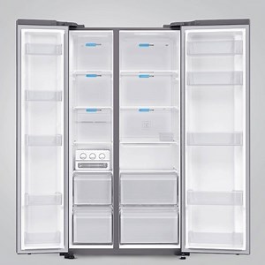 The All-around Cooling system in Samsung side by side refrigerator continually checks the temperature and blows out cold air. It cools the fridge evenly from corner to corner, so every item of food stays fresher for longer. | Samsung