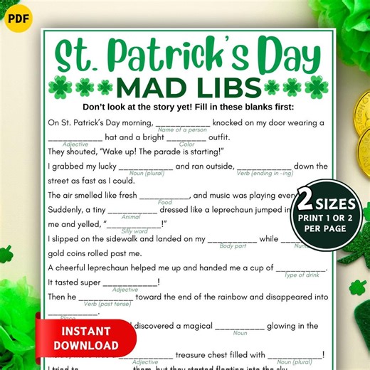 St Patricks Day Mad Libs Game, Printable Games for Kids, St Patrick's Day Kid Games, Family Activity, Fun Irish Party Game, Classroom Games - Etsy