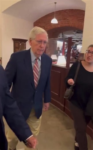 JUST IN: Republican Senator Mitch McConnell trips and falls to the ground in the Russell basement as a reporter asked him a question about ICE. Reporter: "Do you support ICE taking working people off the streets and kidnapping them?" McConnell was helped up and appeared to be okay. He was seen waving to the camera. | Barron Trump Fans