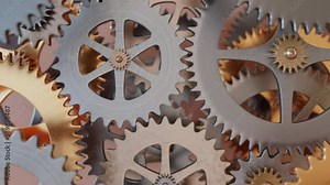 Front view of gear mechanism in Action. High-quality loopable footage of a clock-like gear mechanism. The gears are slightly different but work in unison. Concept of teamwork. Ultra HD 4K 3840x2160.