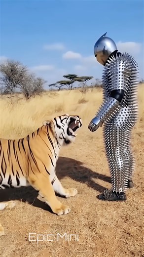 @vocalify on Instagram: "The Tiger Went for a Bite… 😳🐅 Open savanna. Harsh sunlight. 🌾☀️ One man stands still — fully enclosed in metallic cactus armor. 🌵⚙️ The tiger comes in close. A sudden snap at the forearm. Teeth meet spikes. Instant head jerk. Dust flies. Breath turns sharp. The man doesn’t move. The tiger steps back… then disappears into the grass. No gore. No hero moves. Just instinct meeting design. Watch the bite frame closely 👀 Would you trust this armor? #tiger #wildlife #savan